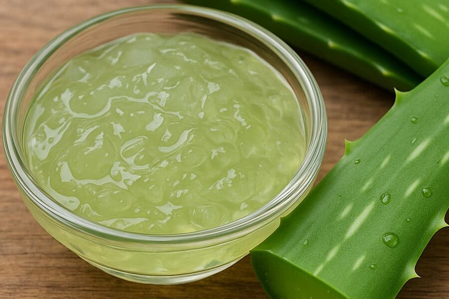 Homemade aloe vera gel in a glass jar with fresh aloe leaves – 100% natural and chemical-free skincare product