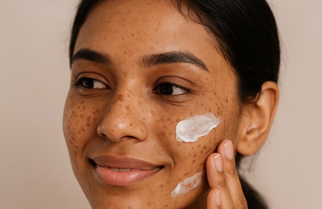 महिला चेहरे पर दाग-धब्बे हटाने के लिए घरेलू उपायों का उपयोग करती हुई