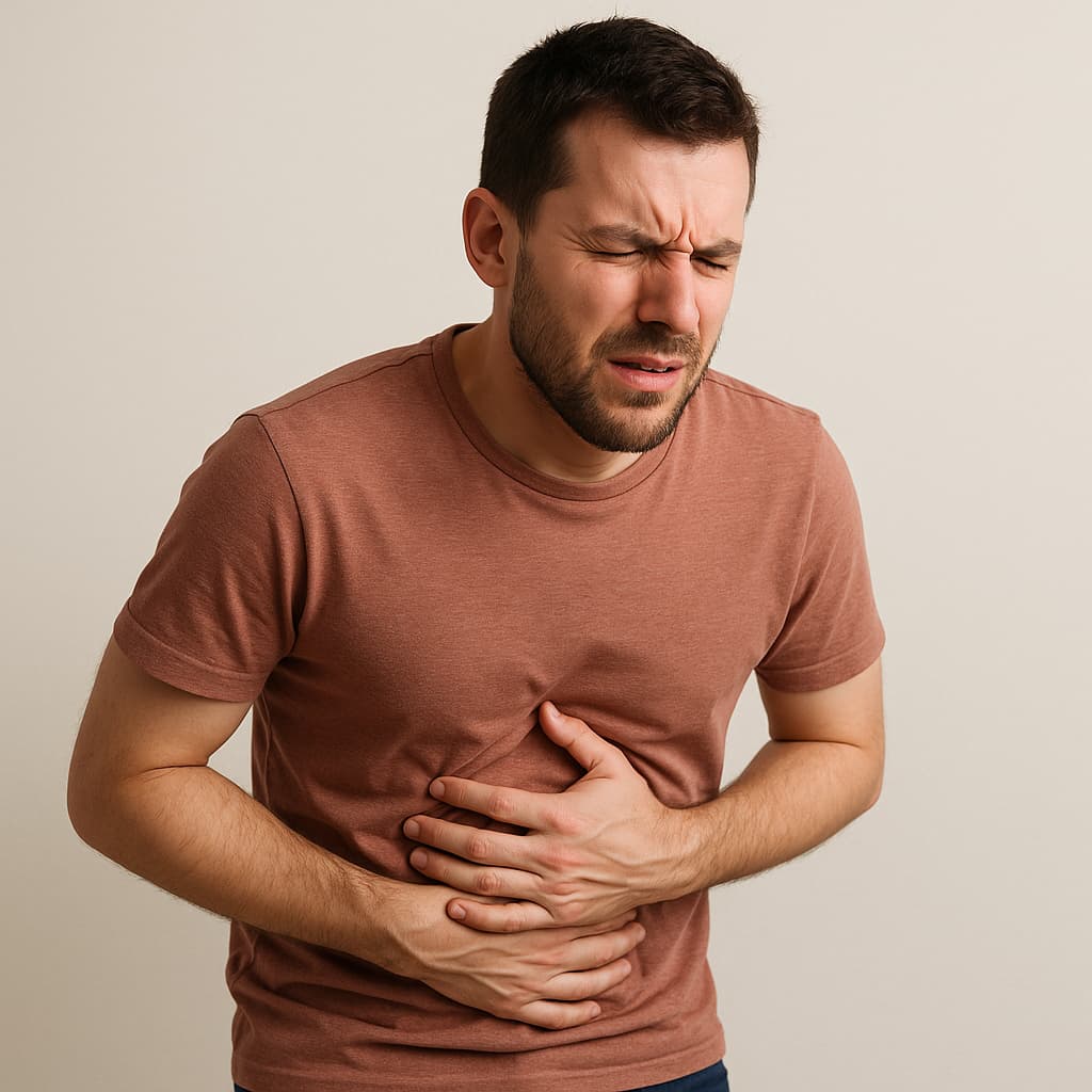 Young man holding stomach in pain due to gas problem and bloating – गैस और पेट दर्द में पीड़ित व्यक्ति की छवि।