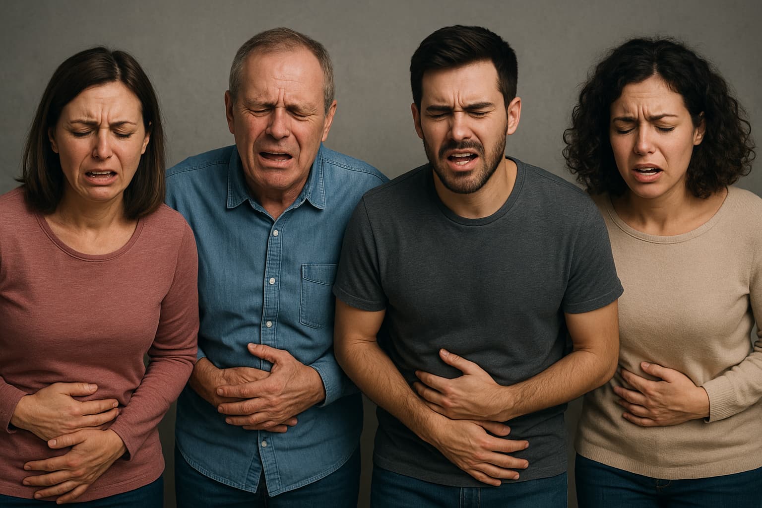 पेट दर्द और कब्ज से परेशान पुरुष और महिलाएं अपने पेट पर हाथ रखकर तकलीफ़ में दिखाई दे रहे हैं। कब्ज, गैस और constipation problem के कारण चेहरे पर दर्द के भाव नज़र आ रहे हैं।